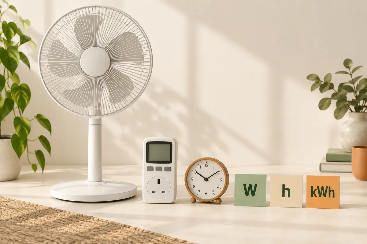 Generic standing fan beside an electricity meter, clock and tiles labeled W, h and kWh