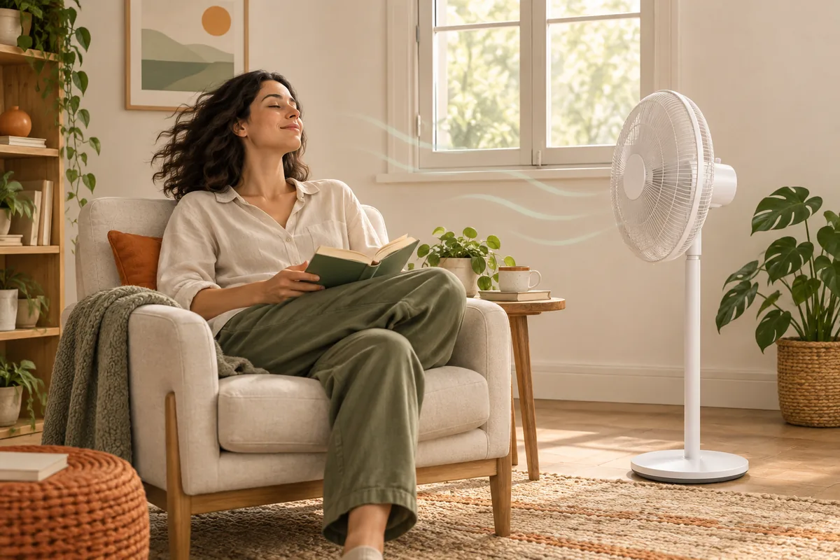 Person reading in an armchair with a household standing fan directing air toward them
