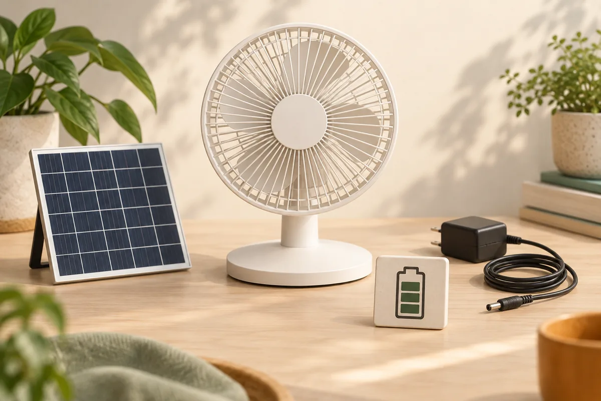 Generic desk fan arranged with a separate solar panel, disconnected charger and battery symbol tile