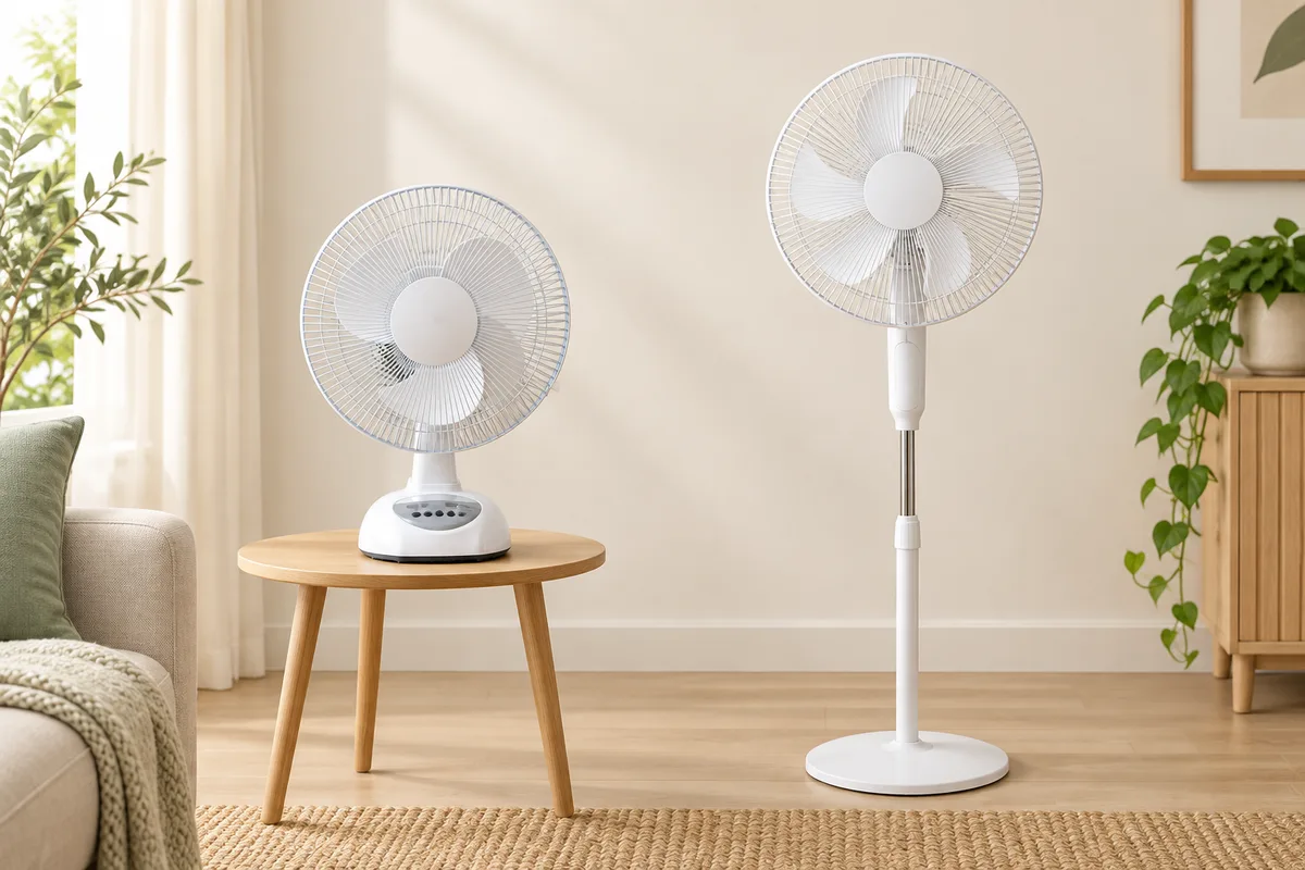 Illustrative white and grey T02-style desk fan on a side table beside a white 198F-style standing fan on the floor