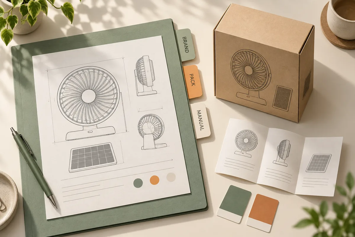 OEM planning folder with brand, pack and manual tabs beside a generic fan drawing, carton mockup and color swatches