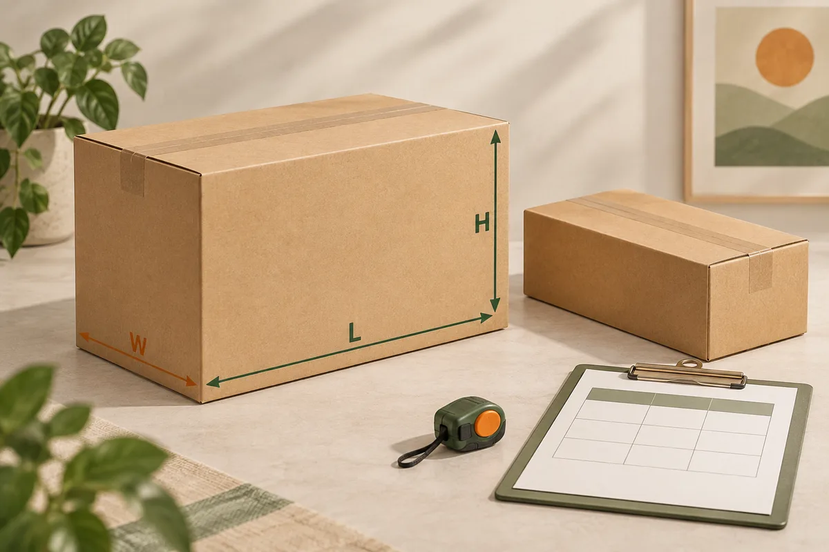 Two plain shipping cartons with length, width and height arrows on the larger box beside a packing checklist and tape measure