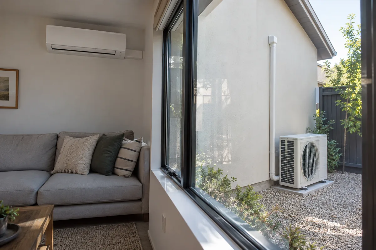 Split air-conditioner indoor unit inside a living room with its outdoor condenser visible through a closed window