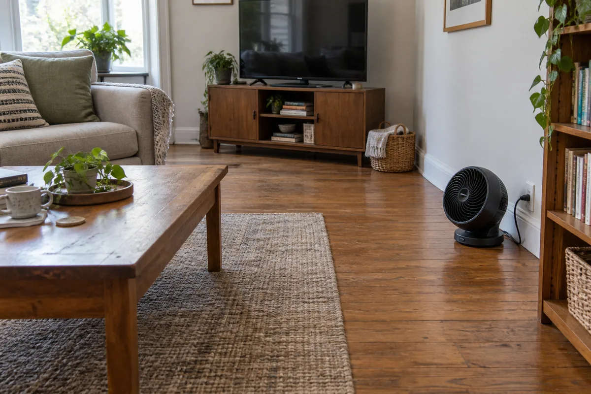 Compact air circulator placed beside a living-room wall with furniture clear of its immediate airflow path