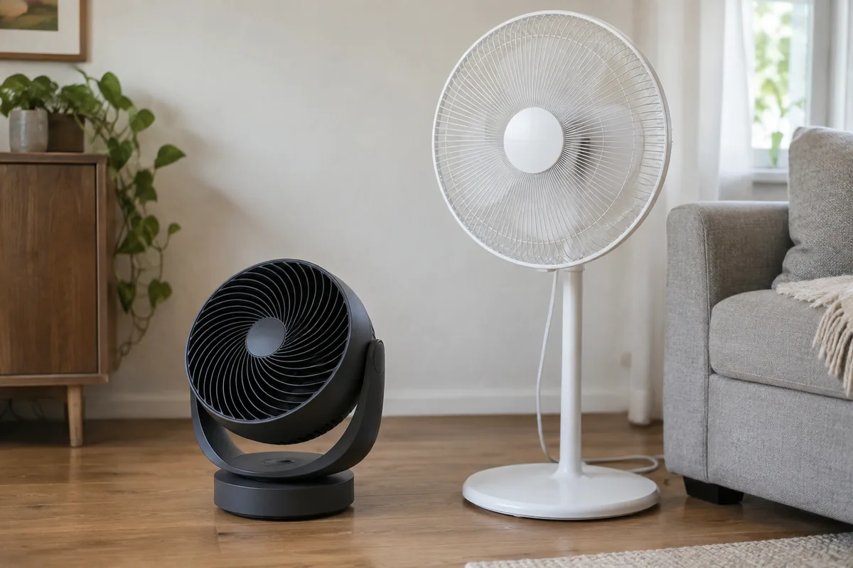 Compact dark air circulator and white pedestal fan standing beside each other in an ordinary living room