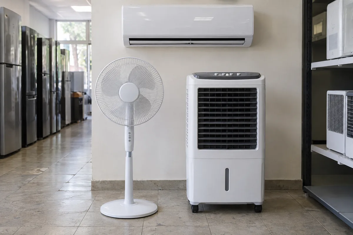 Pedestal fan and evaporative air cooler below a wall-mounted air-conditioner display in a small appliance showroom