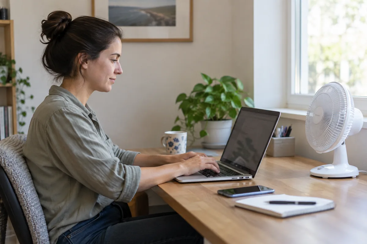 Person using a laptop at a home-office desk with a small fan aimed toward their seated position