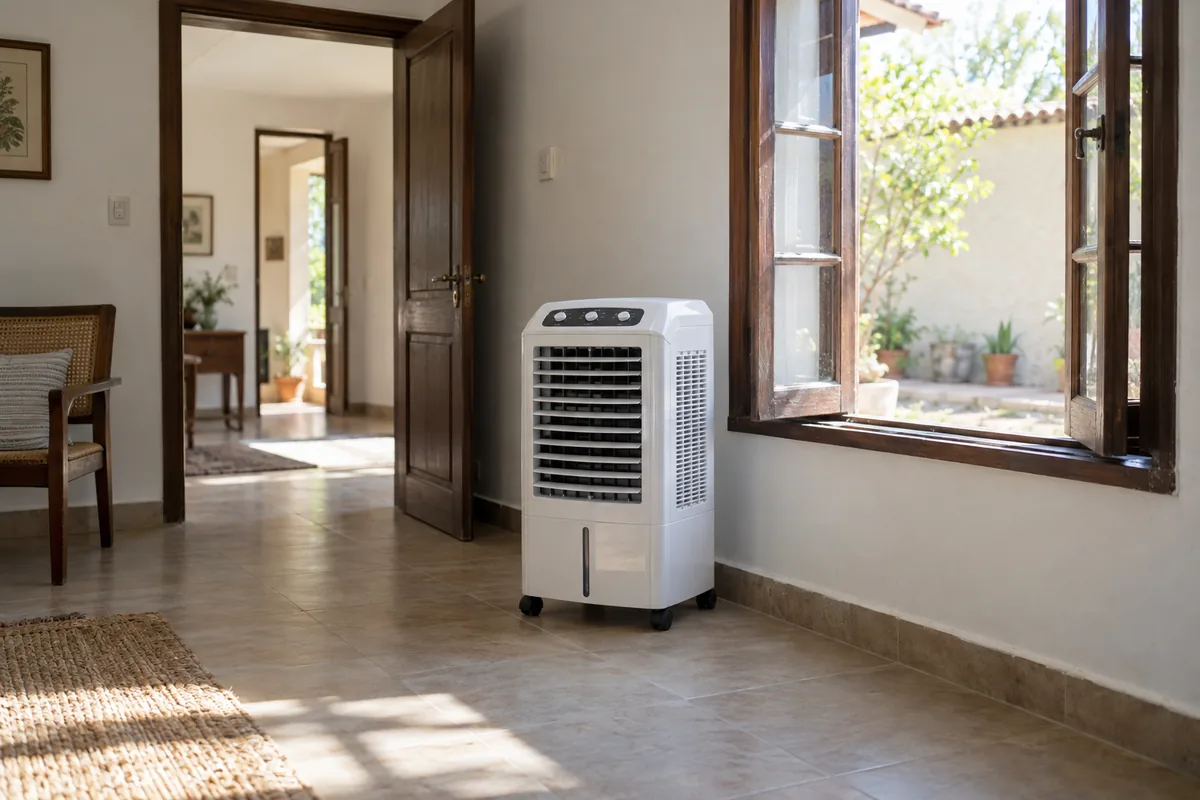 Evaporative air cooler on a dry floor inside a room with an open window and doorway for ventilation