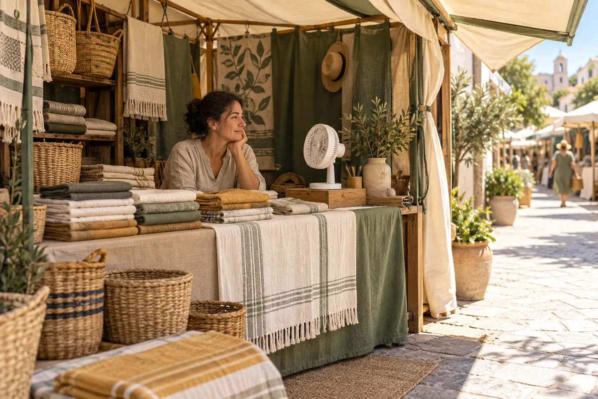 Vendor at a shaded textile stall with a small desk fan inside the covered working area and a clear public walkway