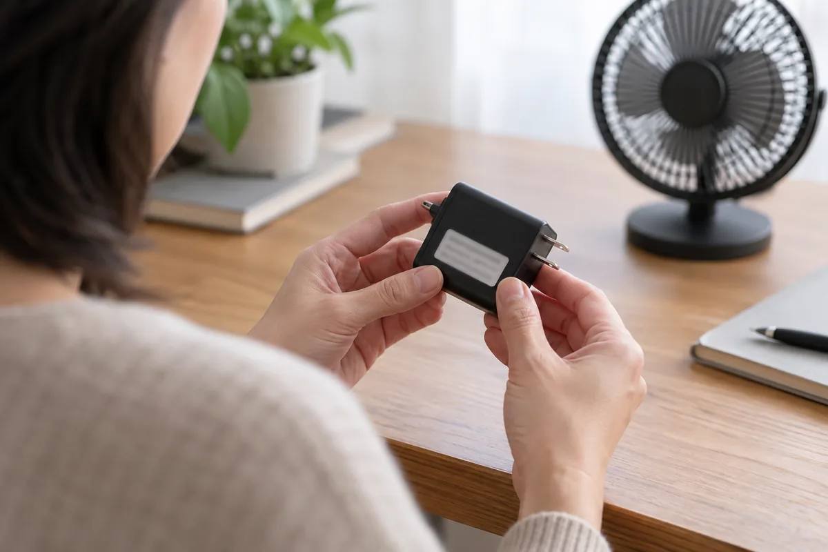 An adult examines the label on a disconnected power adapter, with a fan in the background.