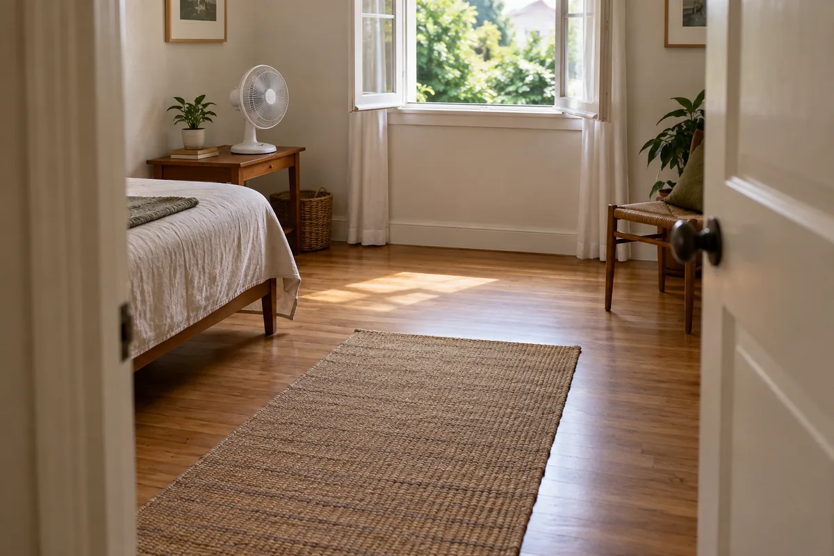 An open doorway looks into a room with an open window, a clear floor route and a fan on a side table.