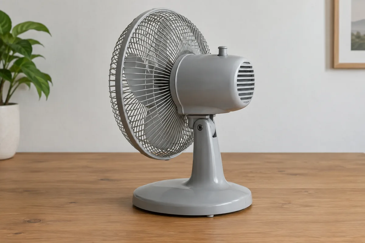 Rear view of an intact grey desk fan with its enclosed motor housing and broad base on a level table.