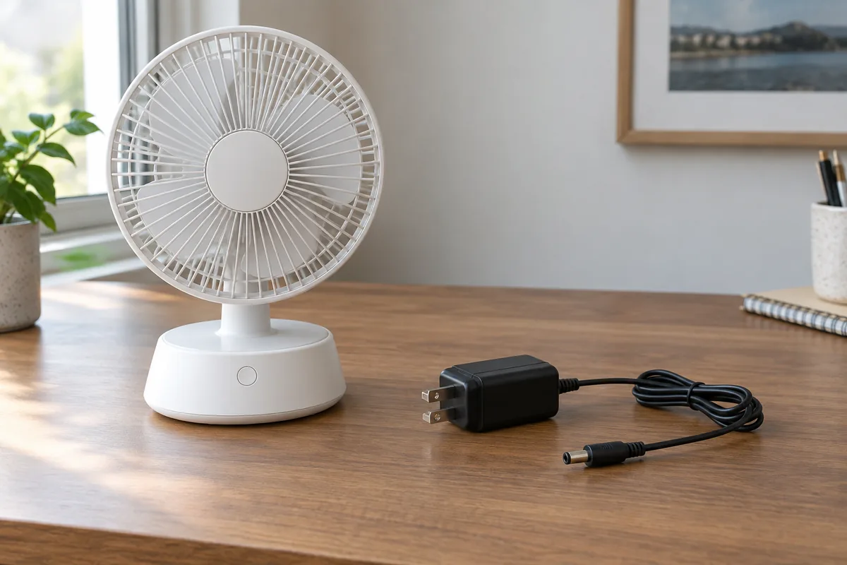 A complete generic desk fan beside a charger with its wall plug and barrel connector disconnected.
