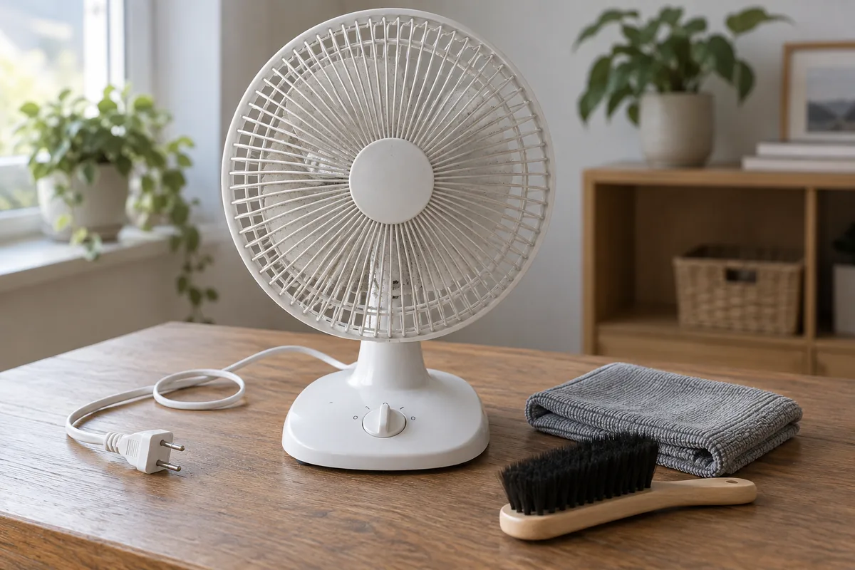 An intact dusty desk fan with its plug disconnected, beside a dry cloth and soft brush.