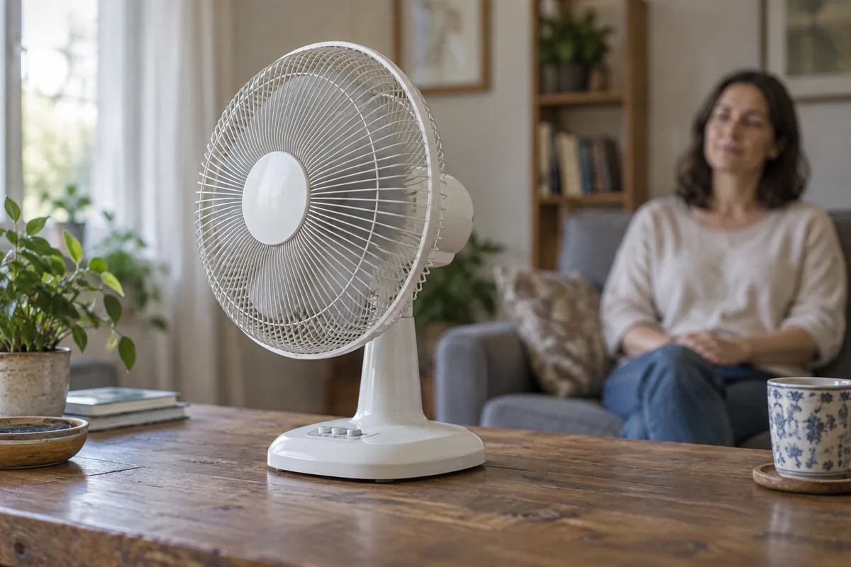 An adult observes an intact desk fan from a seat behind a clear, stable table.