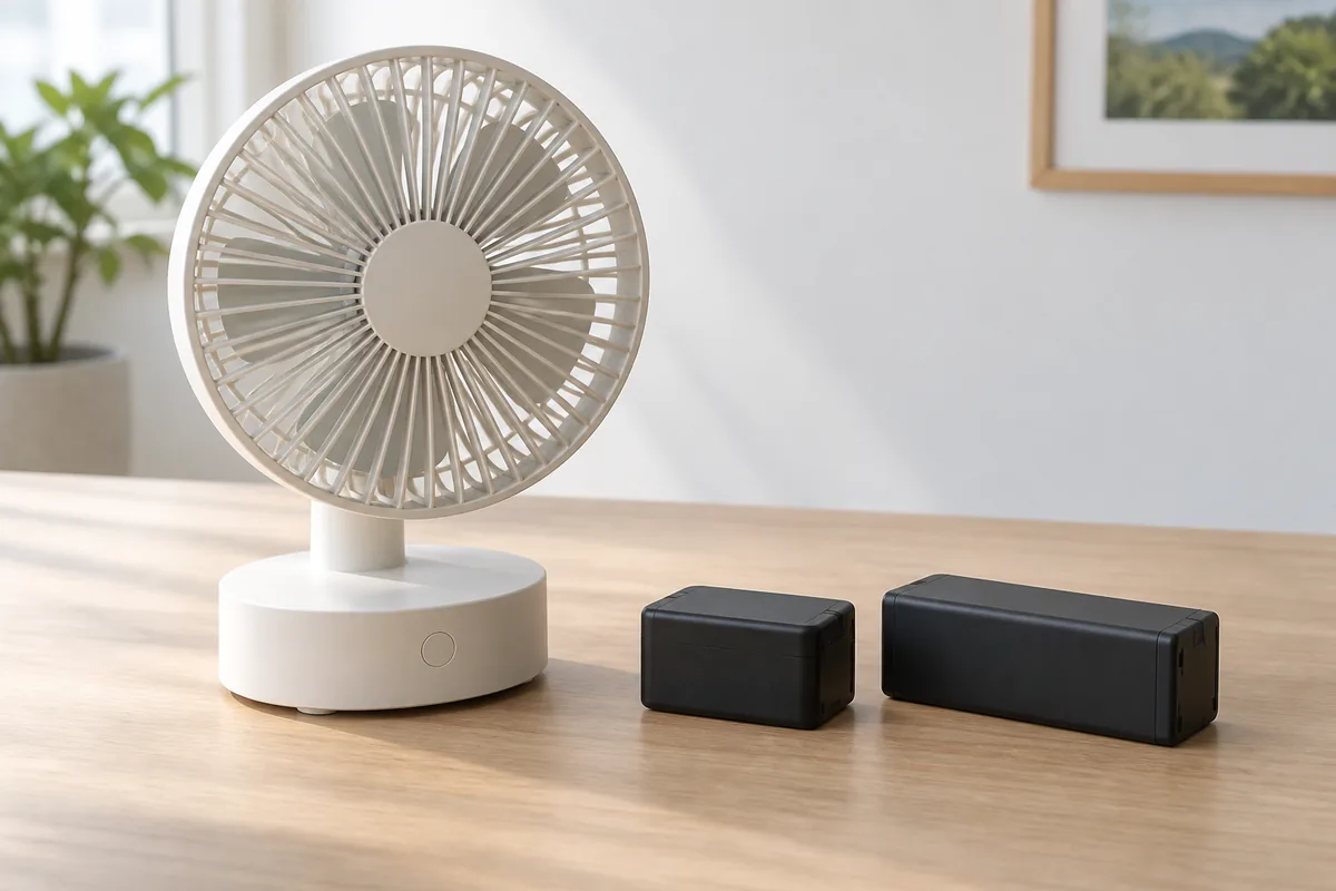 An intact generic desk fan beside two separate sealed battery-pack housings.