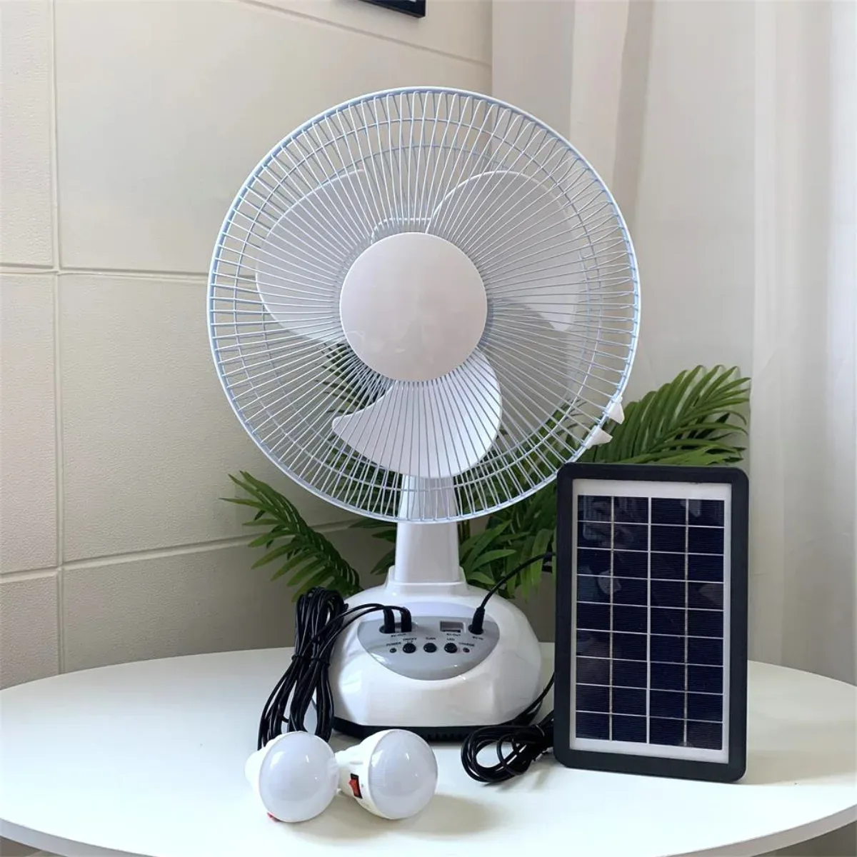 Supplier reference image of the T02 desk fan with its panel and two light accessories.