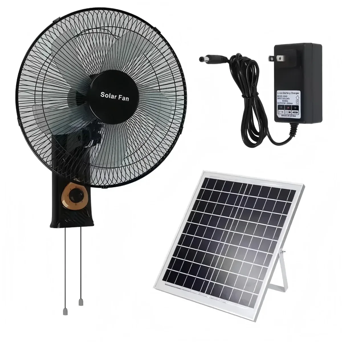 Supplier reference image showing the W01 wall fan, solar panel and separate adapter.