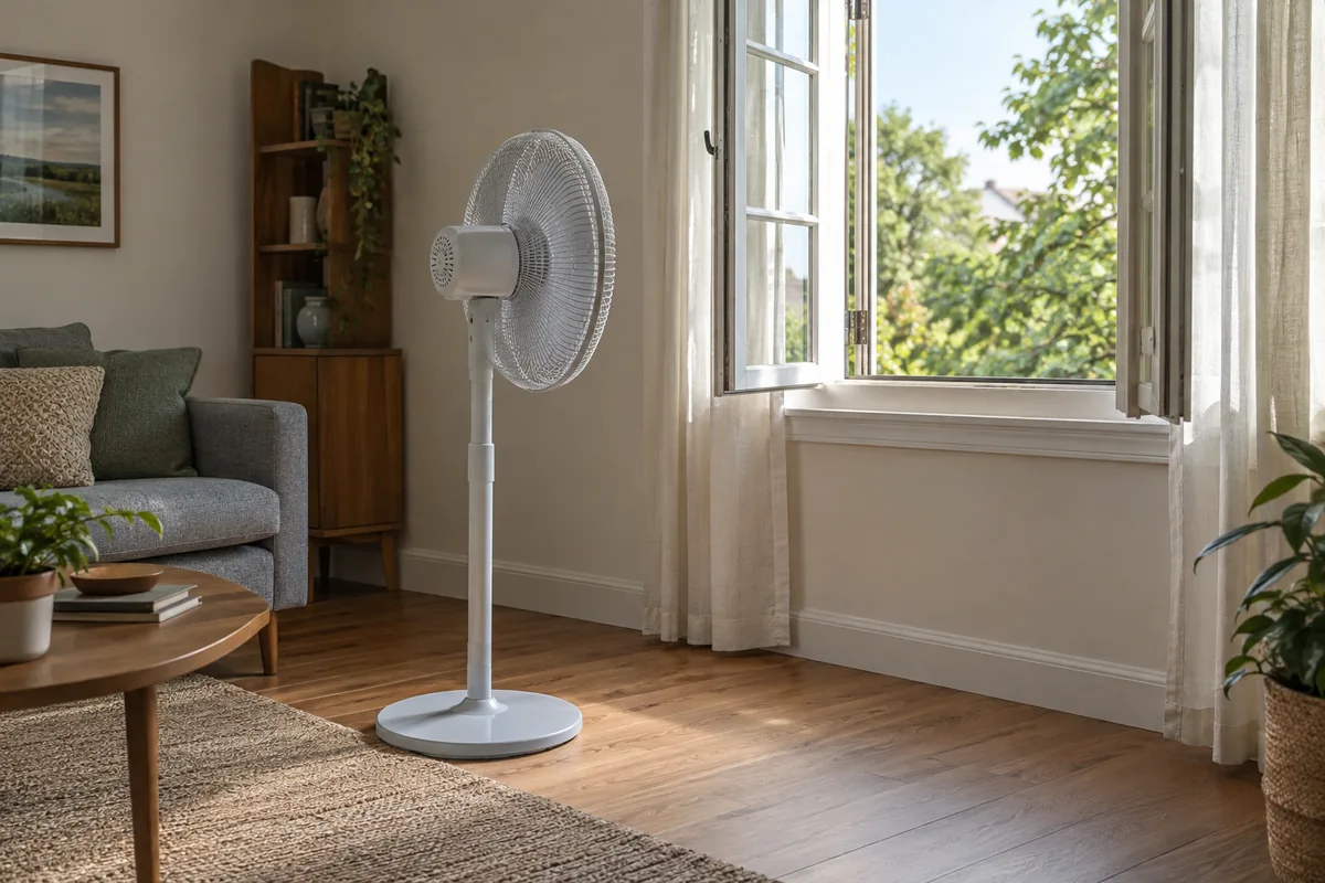 A complete pedestal fan stands on an indoor floor facing an open window.