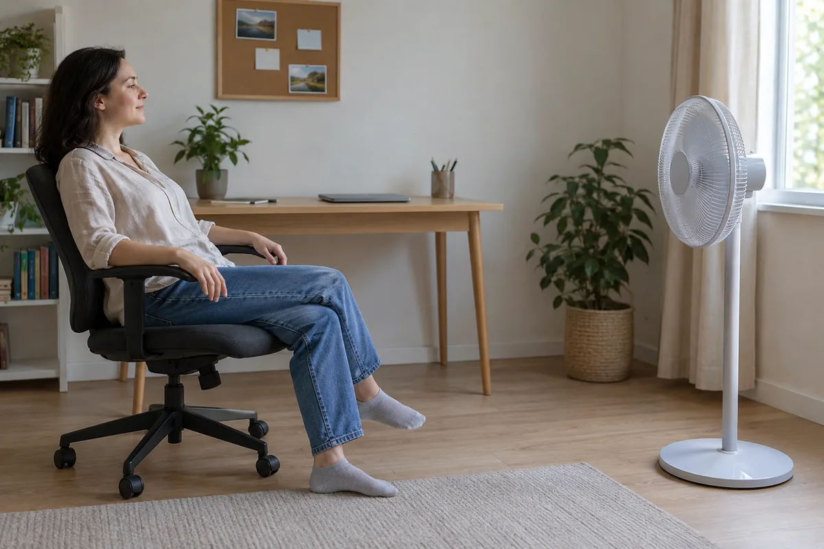 An adult sits at a desk chair facing a pedestal fan across a clear floor space.