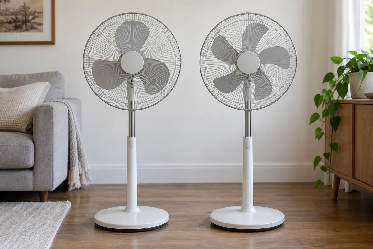 Two generic pedestal fans with three and five stationary blades behind complete protective grilles.