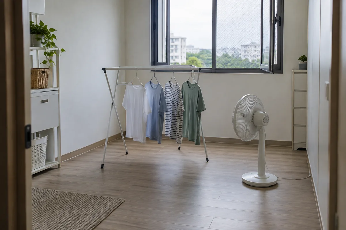Spaced shirts hang on a rack near an open window, with a pedestal fan separate from the clothes.