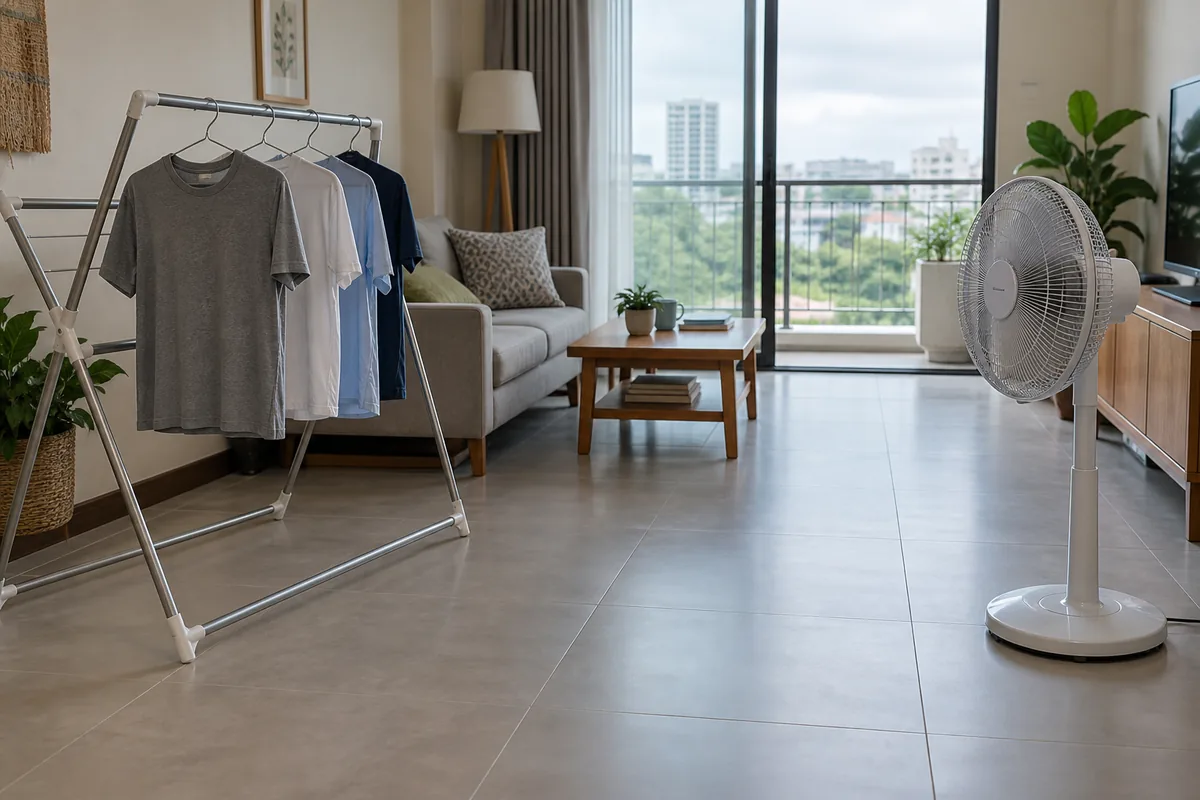 A pedestal fan stands across a clear, dry floor from a separate clothes rack.