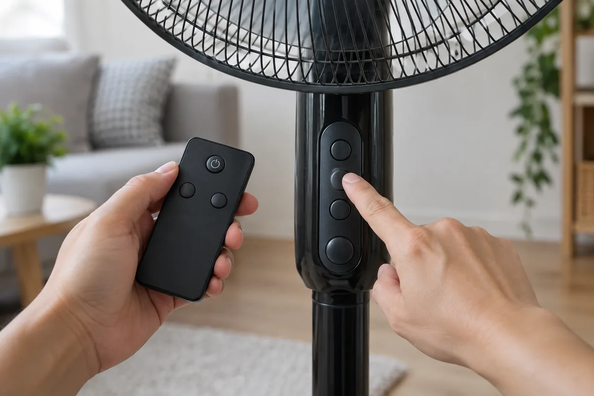 A person holds a remote beside a pedestal fan while pressing a button on the fan control panel.
