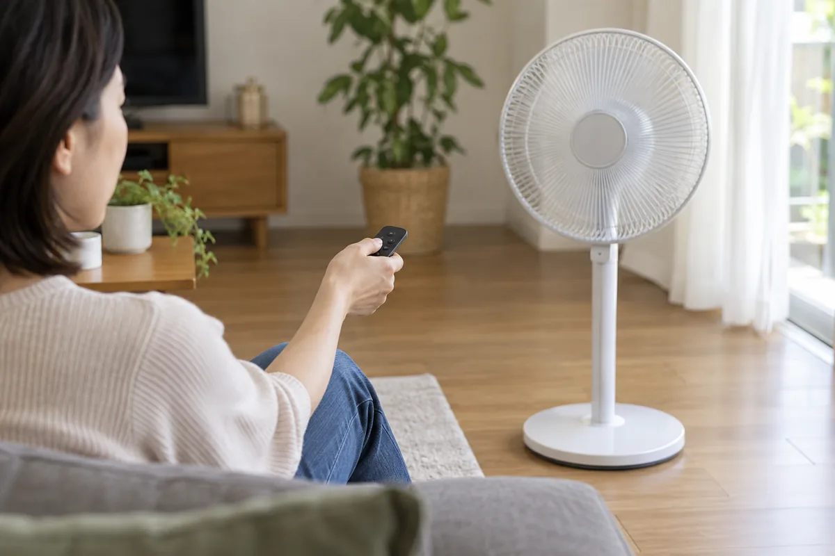 An adult aims a handheld remote toward a pedestal fan across an unobstructed living room.