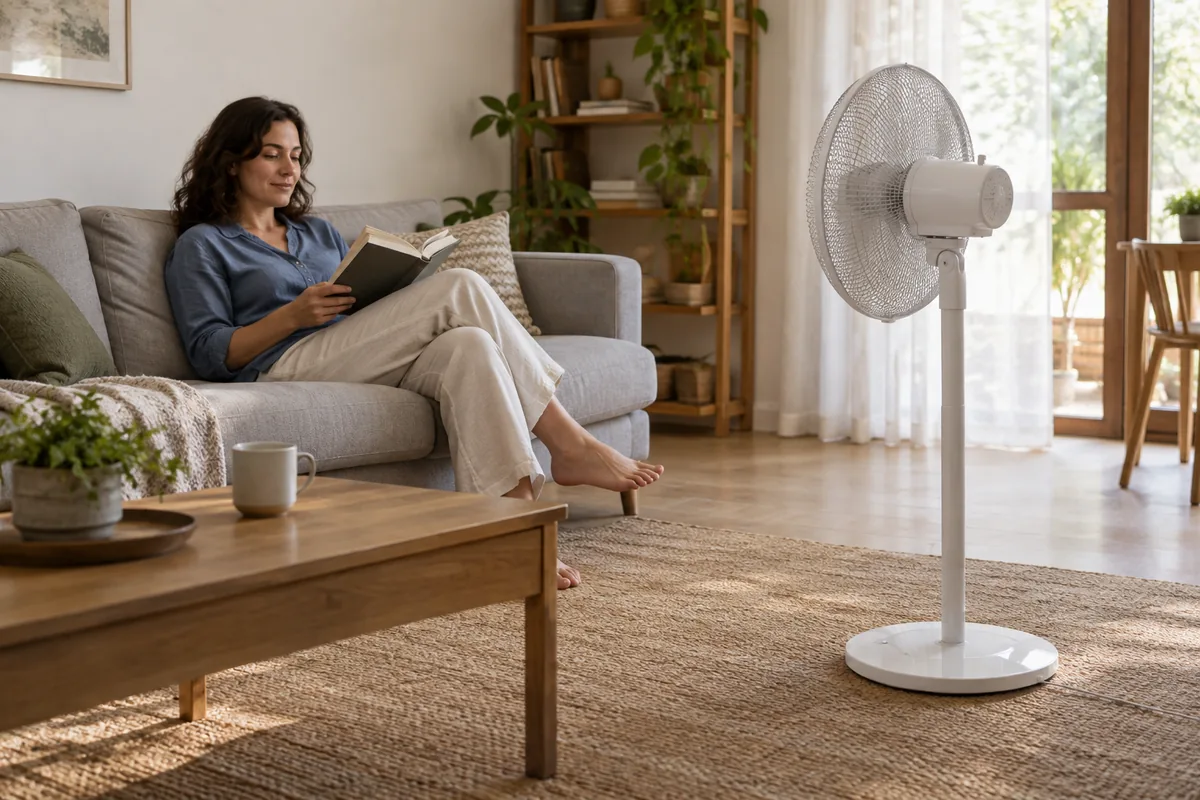 A pedestal fan faces an adult seated on a sofa, with a coffee table to one side.