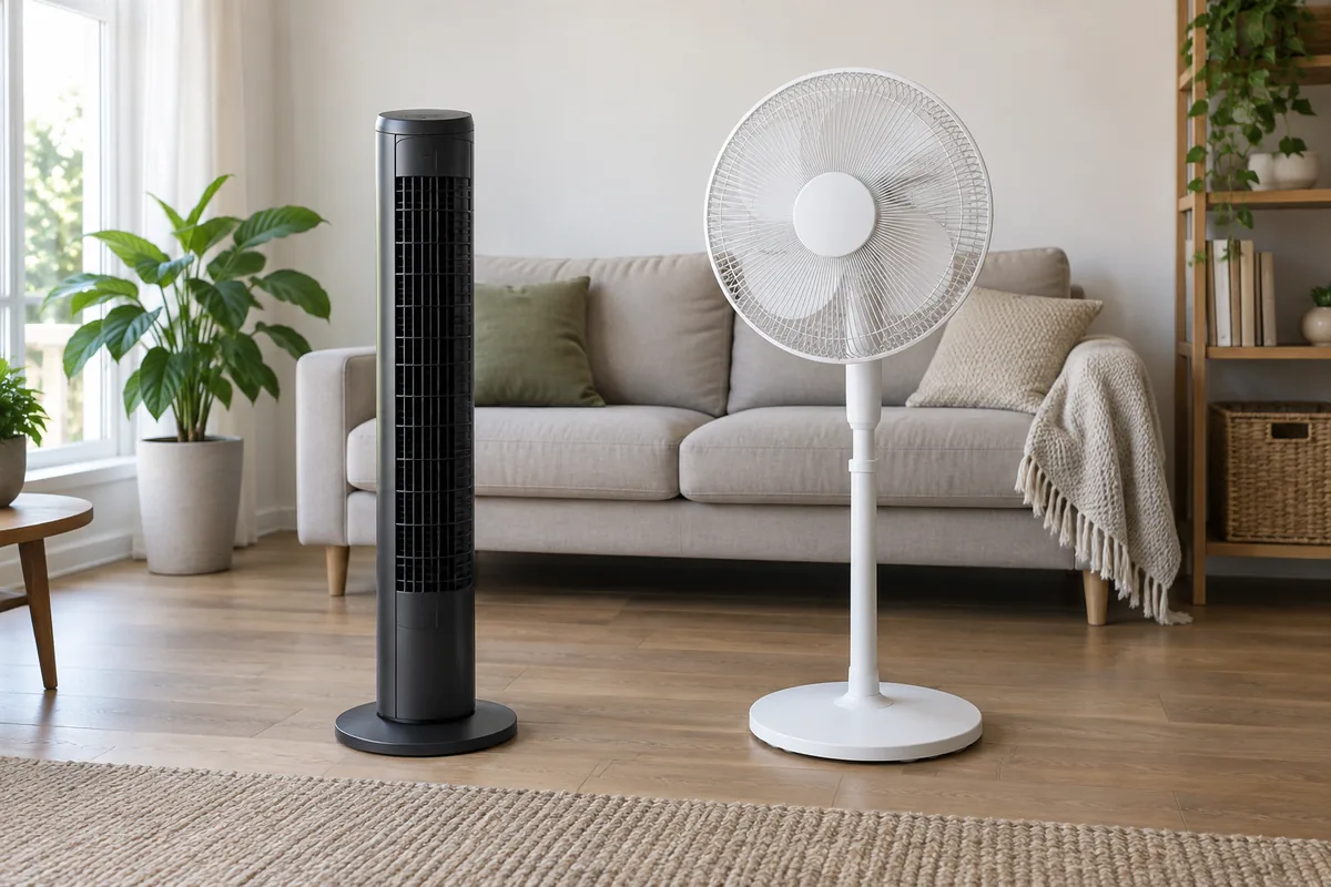 A dark tower fan and a white pedestal fan stand side by side in a living room.