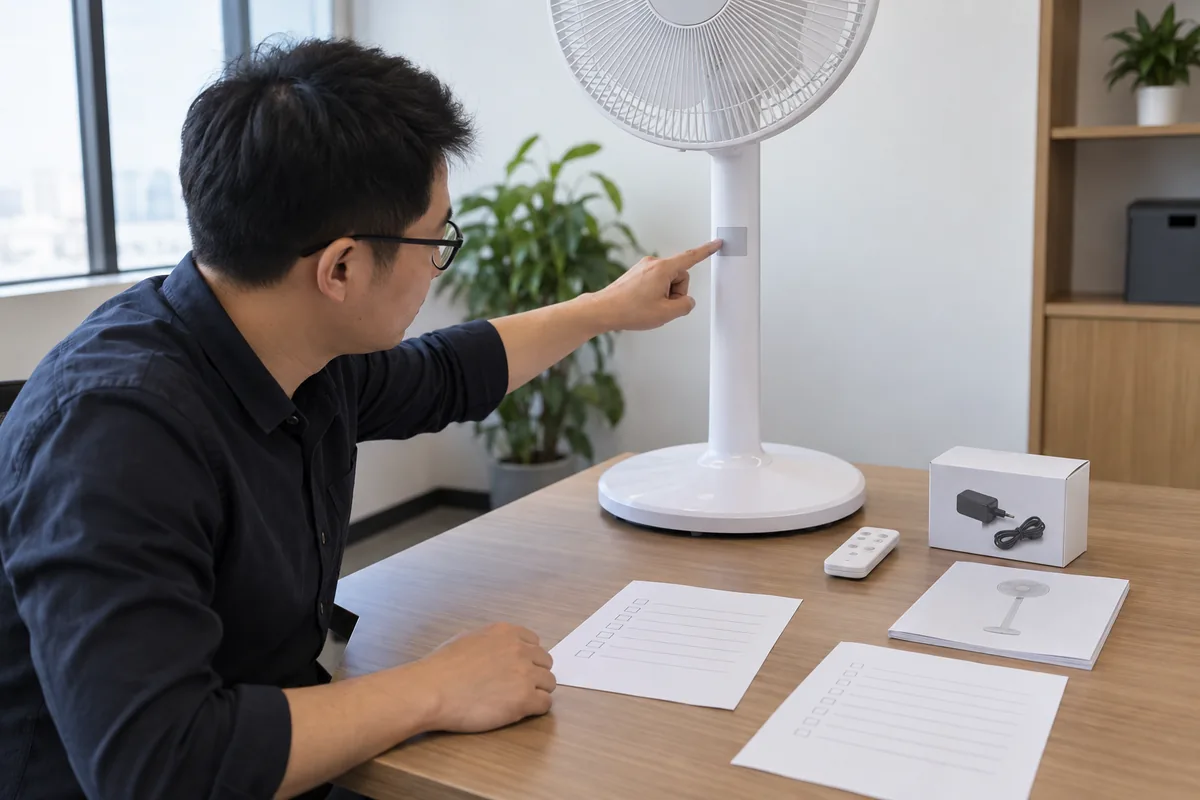 Buyer checks an intact generic white fan on a table beside a remote, adapter box and comparison sheets