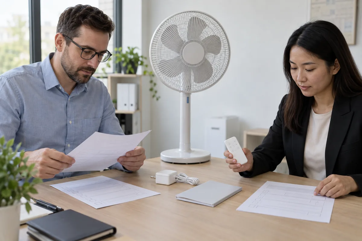 Two people review papers and a remote beside an intact generic white fan on a table