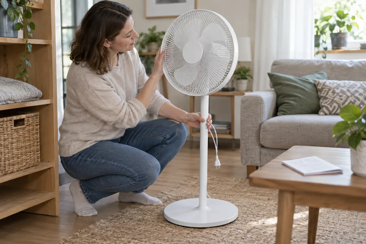 Person checking the exterior of a white pedestal fan with its power plug visibly disconnected