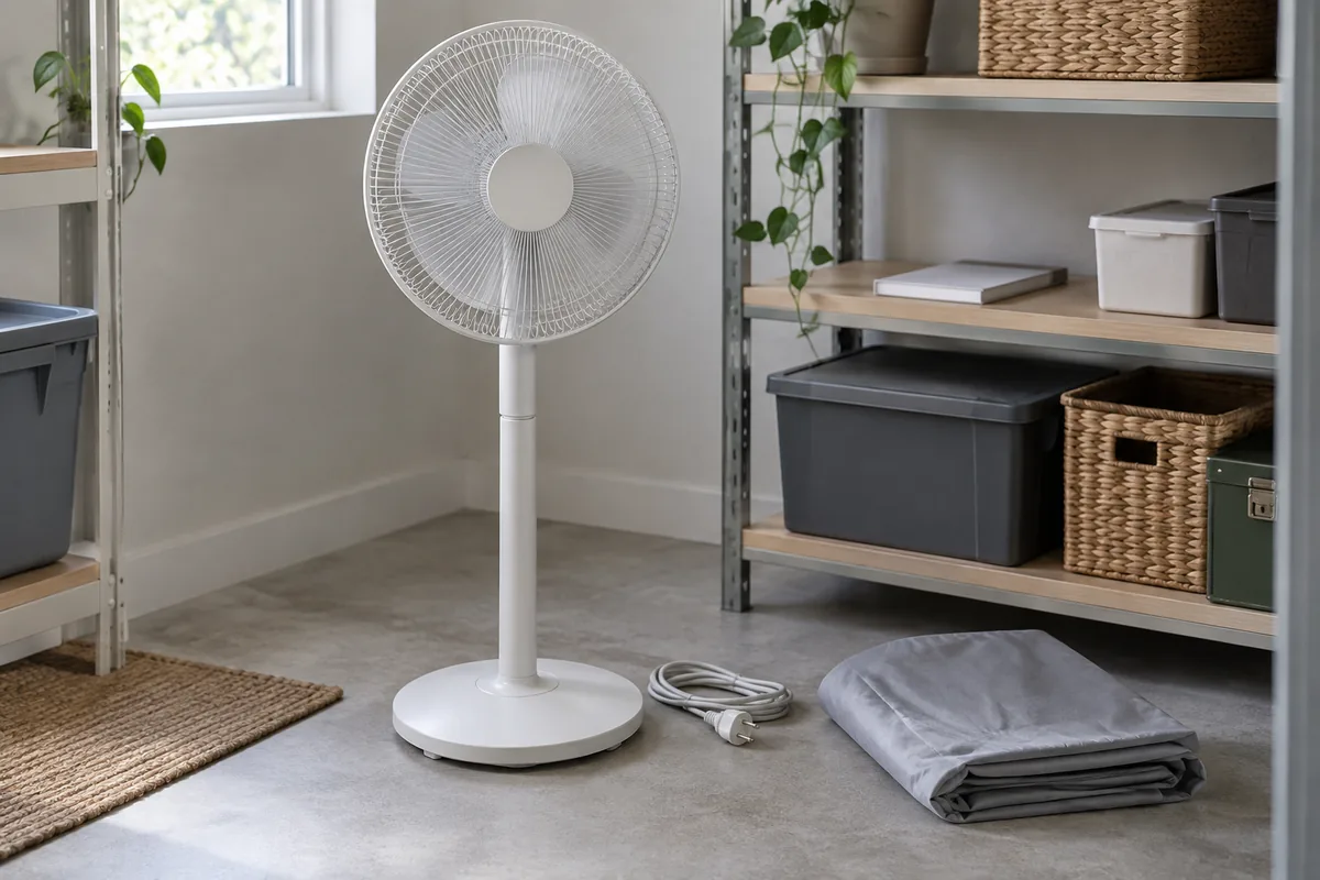 Unplugged white pedestal fan beside a loosely coiled cord and folded cover in a dry indoor storage room
