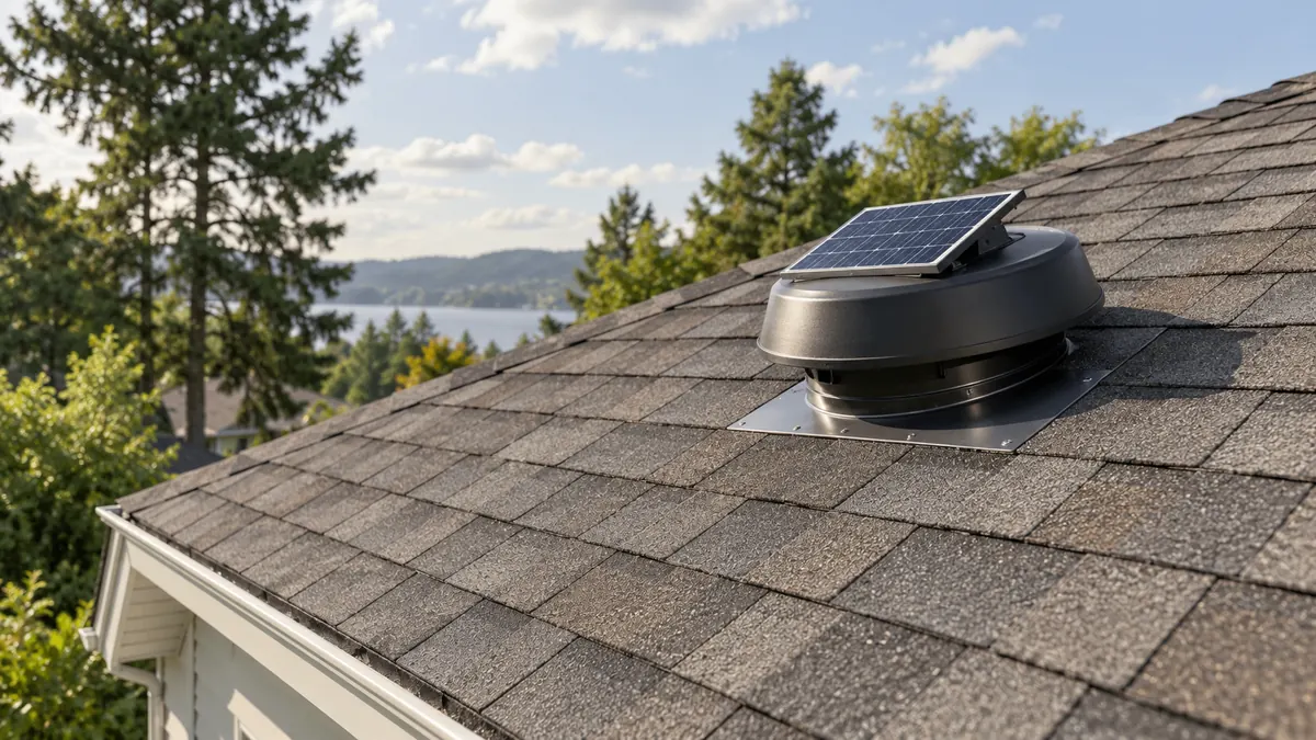 AI-generated illustration of a low-profile roof exhaust vent with a solar panel on a shingled roof.