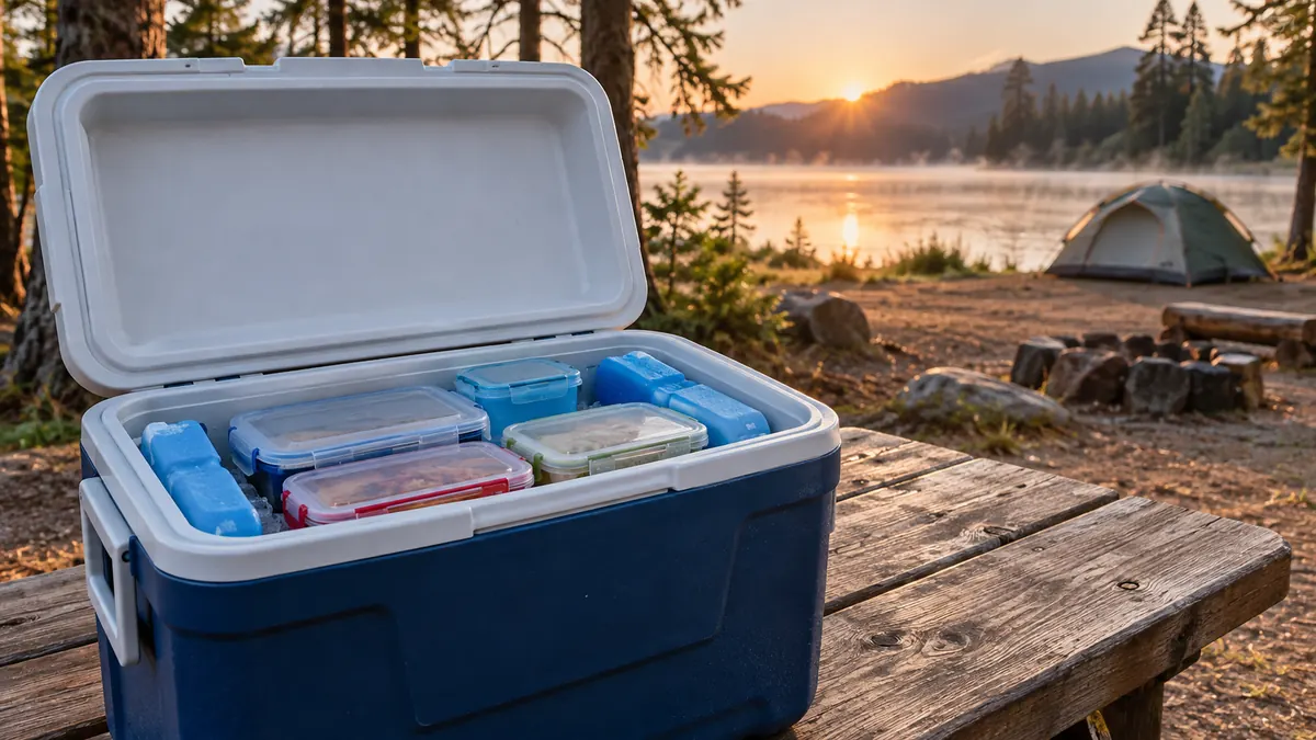 AI-generated illustration of an open insulated cooler with sealed food containers and ice packs on a campsite picnic table.