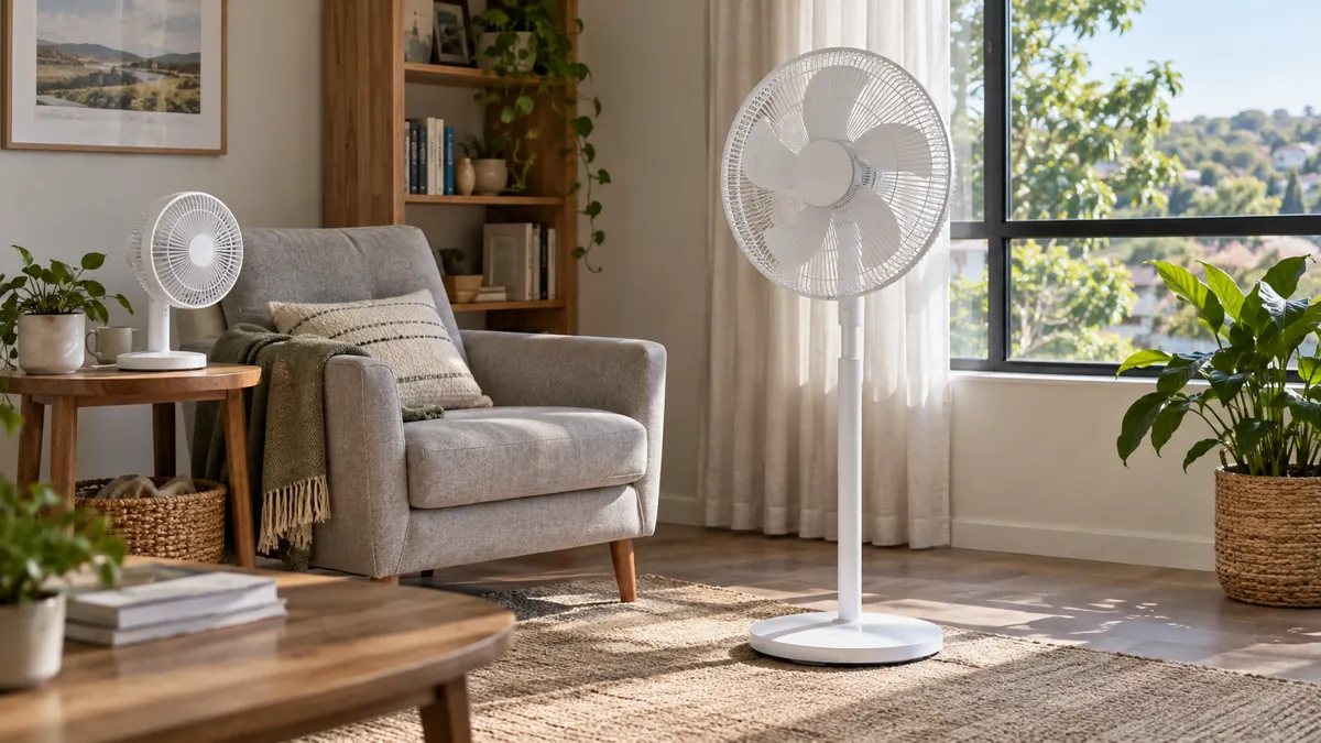 AI-generated illustration of a white desk fan beside an armchair and a white pedestal fan near a living-room window.