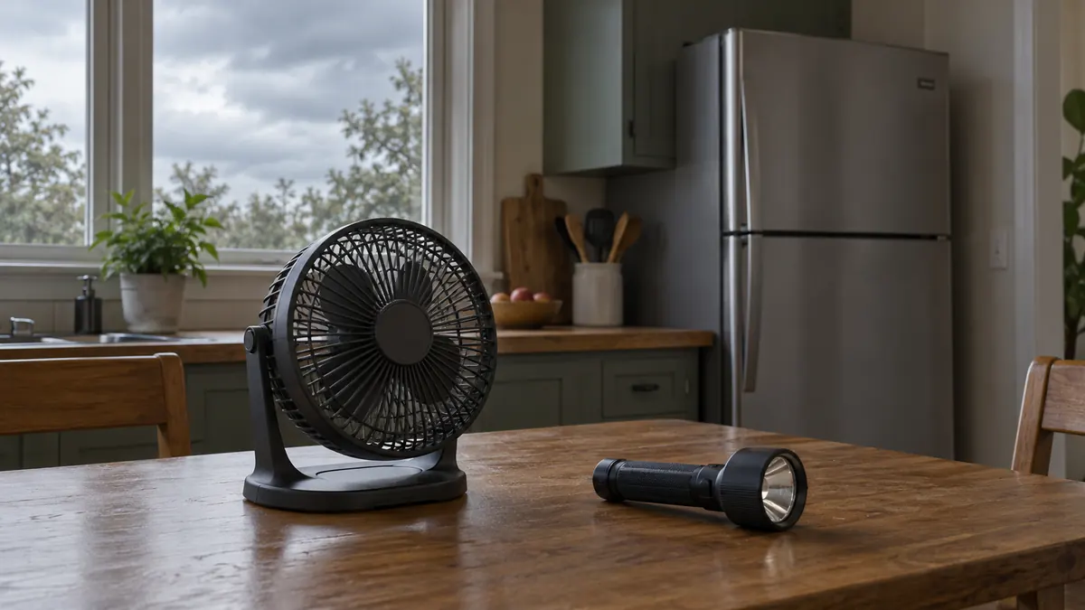 AI-generated illustration of a desk fan and flashlight on a dry kitchen table, with a closed refrigerator behind them.