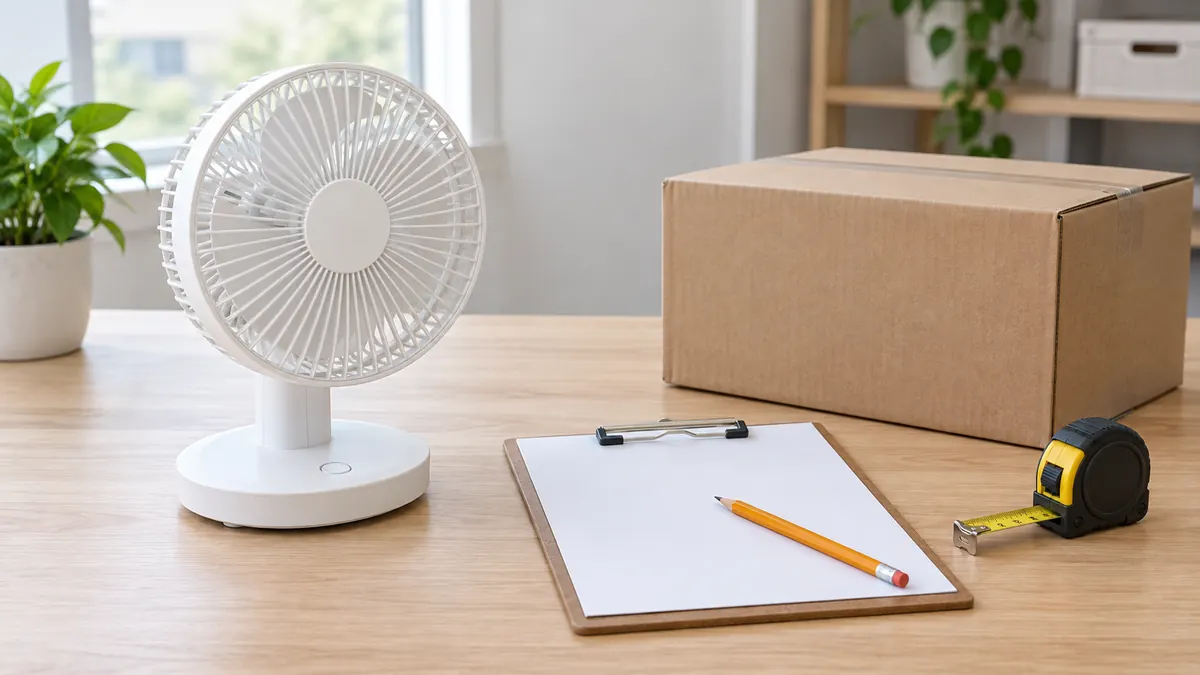 AI-generated illustration of a desk fan, blank clipboard, pencil, tape measure and closed shipping carton on a table.
