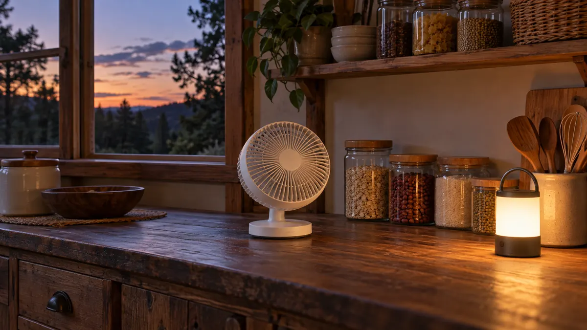 AI-generated illustration of a desk fan, lantern and closed storage jars on a kitchen counter at dusk.