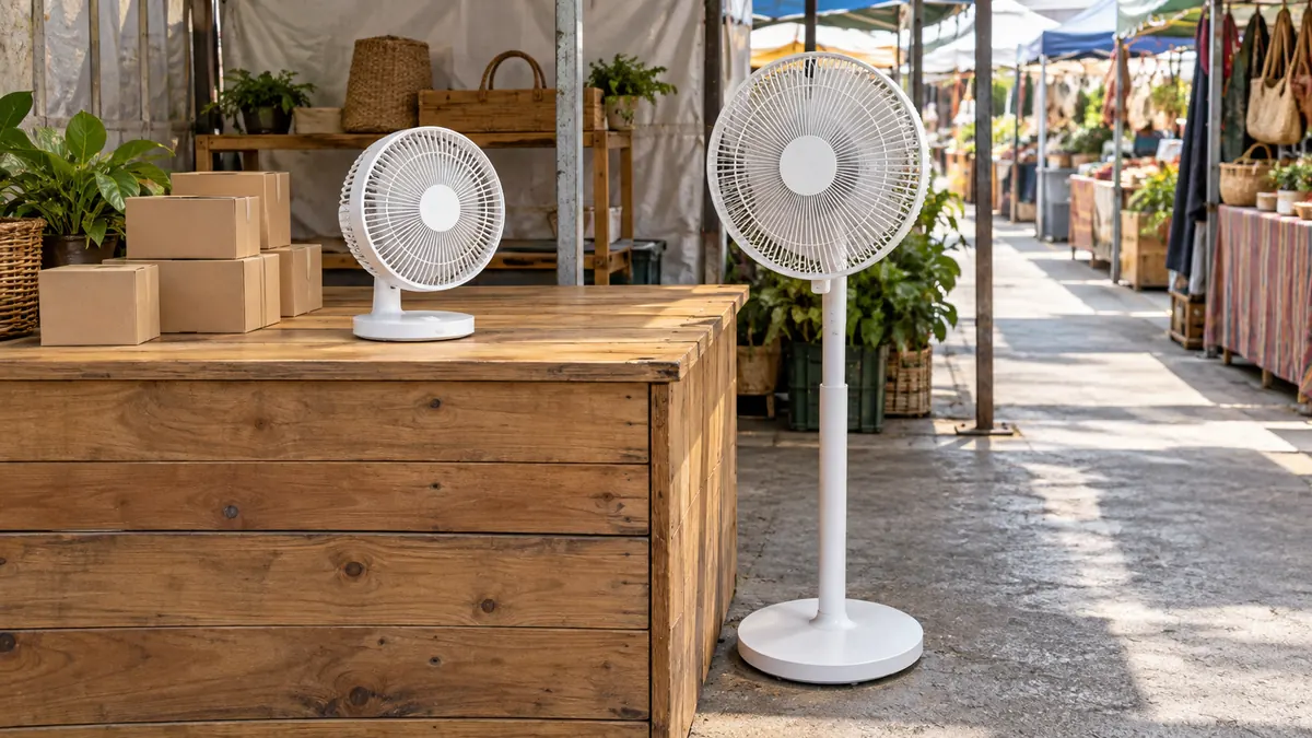AI-generated illustration of a white desk fan on a market-stall counter and a pedestal fan beside it.