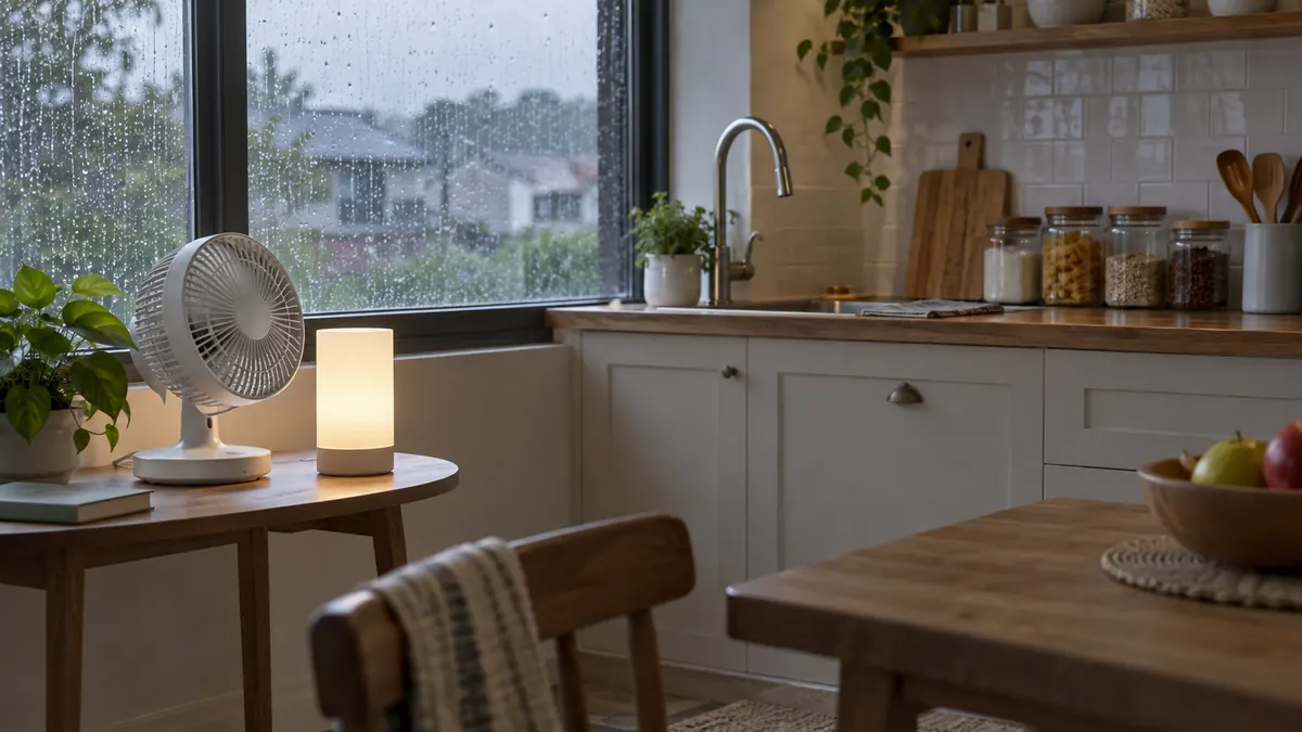 AI-generated illustration of a desk fan and portable lamp on a dry table beside a rain-covered kitchen window.