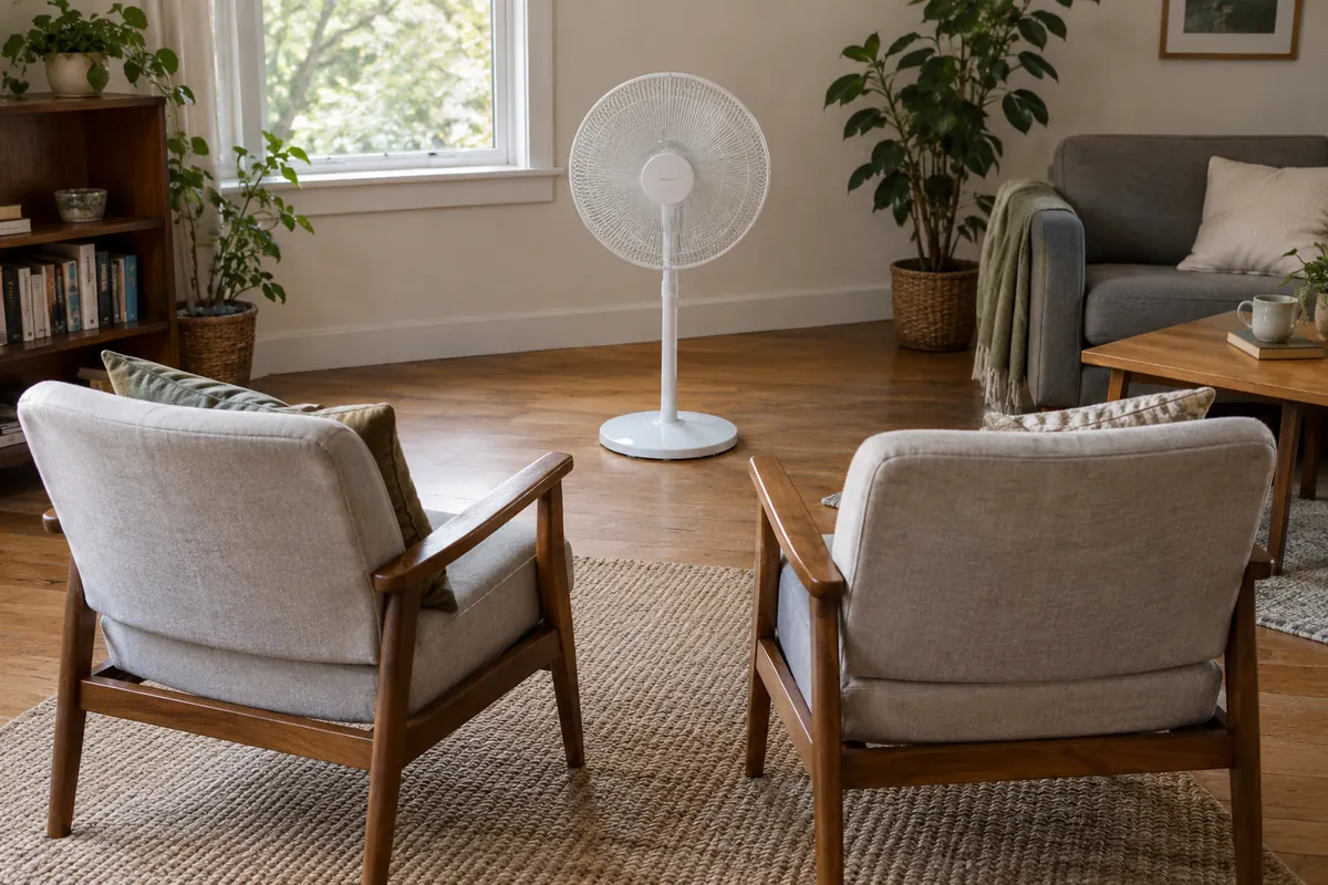 Generic white pedestal fan on a clear living-room floor facing two nearby chairs