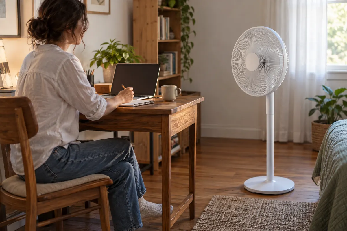 Person seated at a home desk writing in a notebook beside a generic white pedestal fan on a clear floor