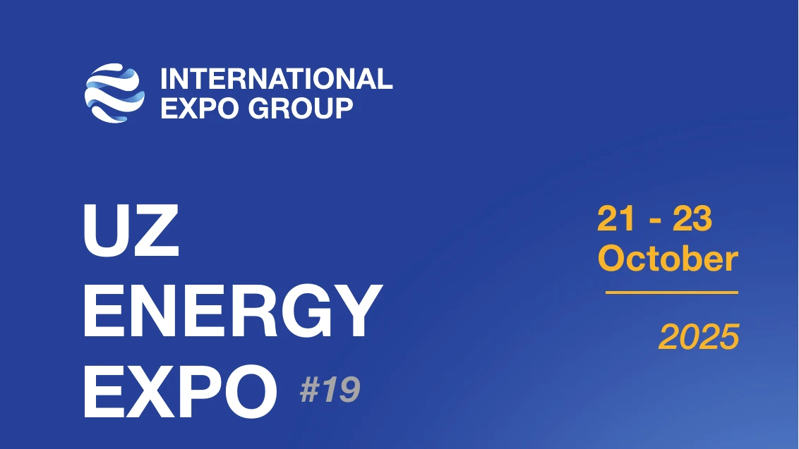 Official UzEnergyExpo 2025 artwork showing International Expo Group, the 19th edition and October 21–23 dates