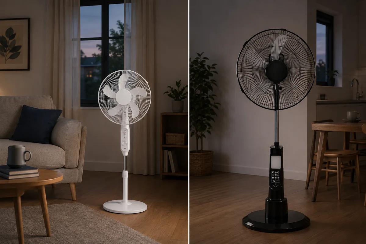 Two alternative household power-cut layouts: a white 198F 16-inch standing fan as the first choice and a black S600 18-inch standing fan as the size alternative.