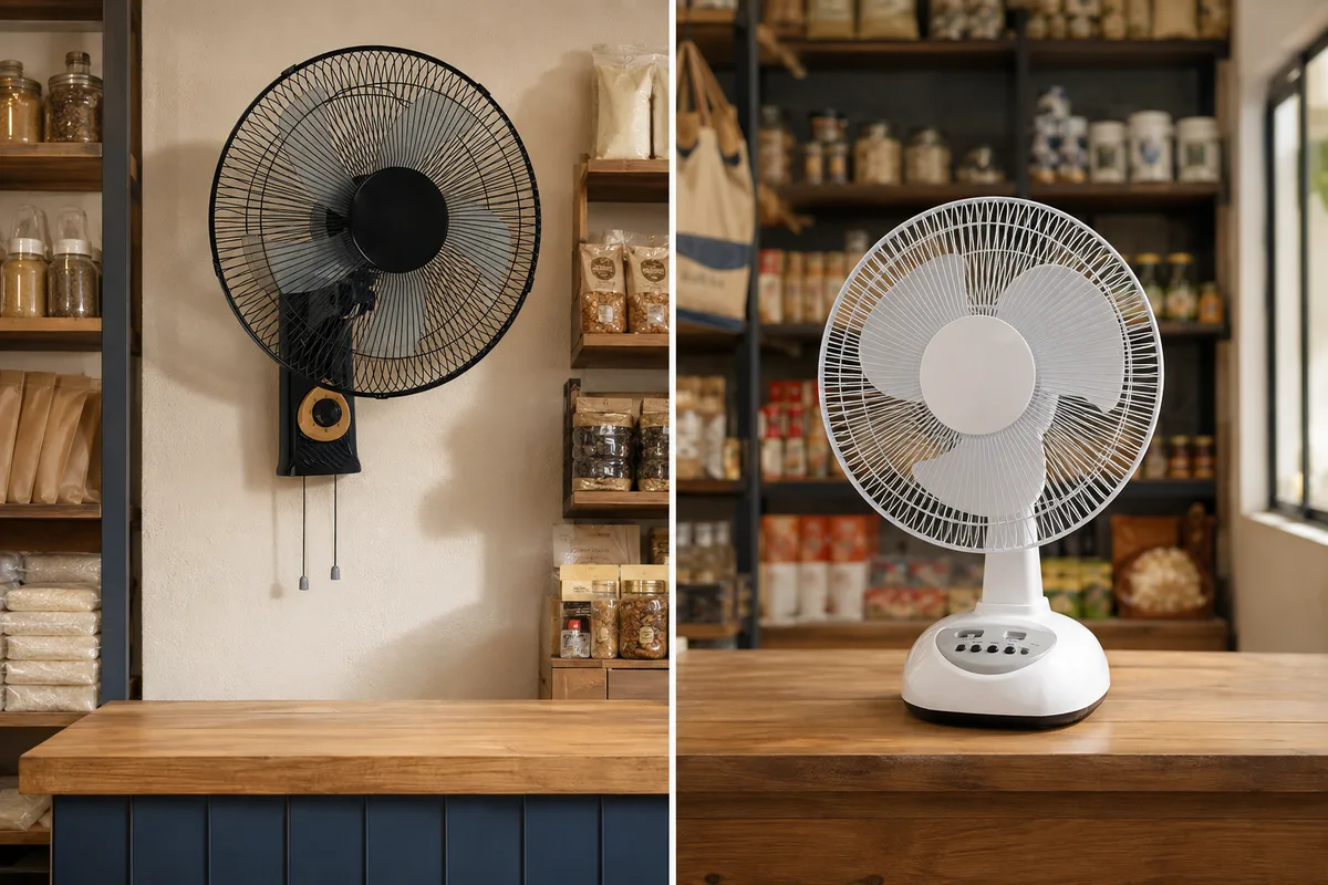 Two alternative small-shop layouts: a black W01 mounted on the wall keeps the counter free; a white T02 stands on a clear counter.