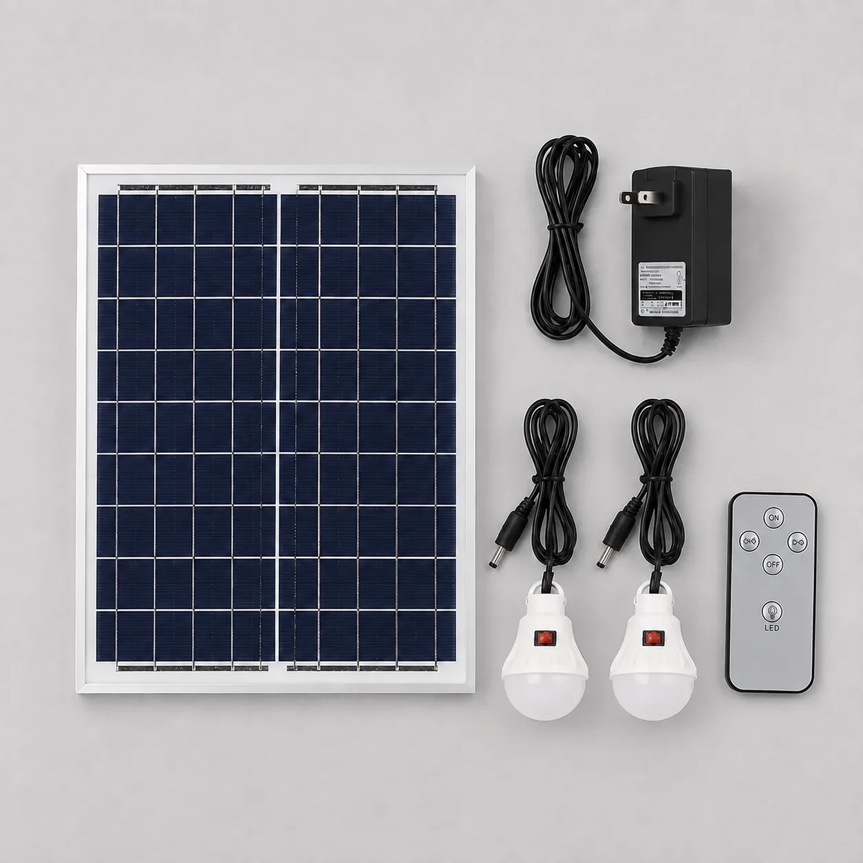 Illustrative 198F accessory layout with a solar panel, DC charger, remote and two LED bulbs
