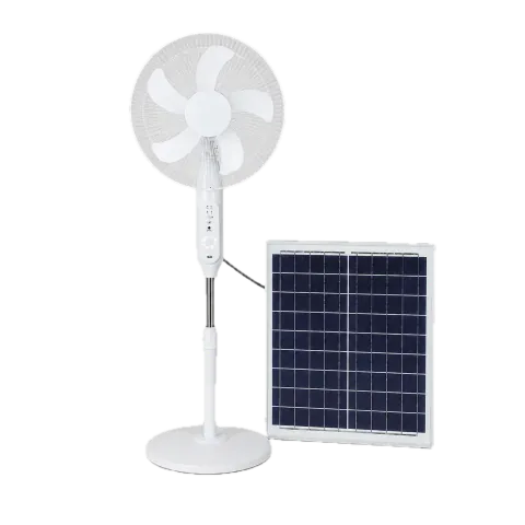 Illustrative studio view of the model 198F standing fan with its solar panel